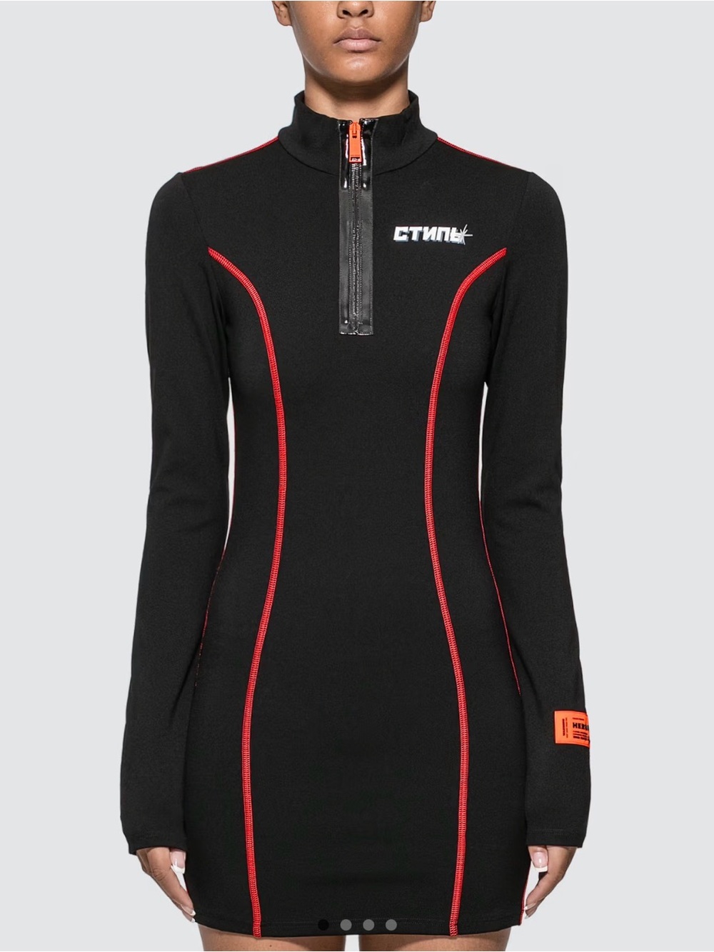 Heron Preston Black Dress with Orange Label and Red Piping